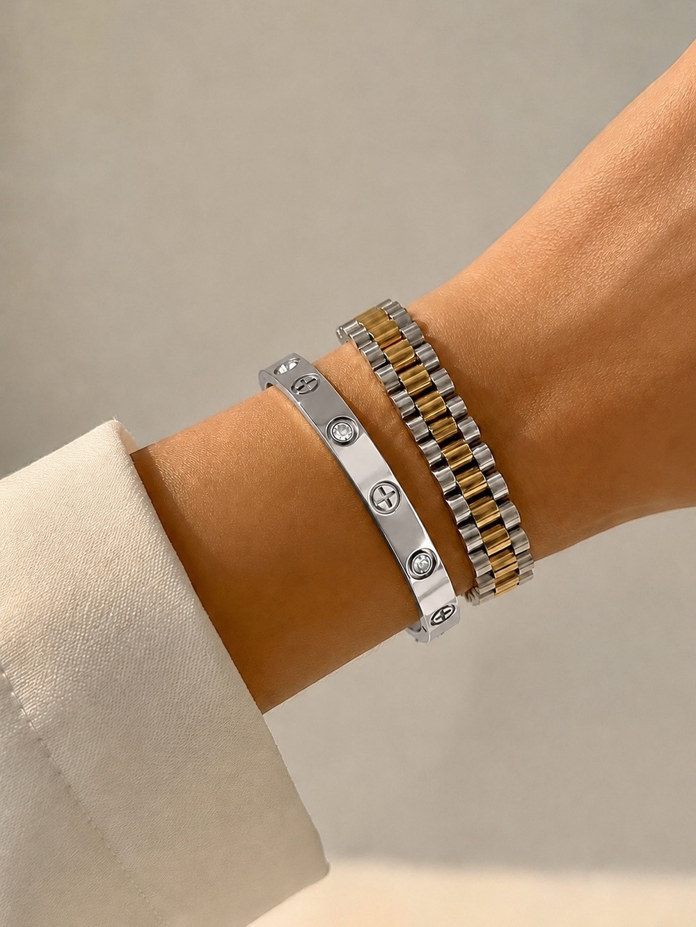 2-Piece Luxury Inspired Stainless Steel Bracelet Set Silver CZ Bangle 🩶🧡